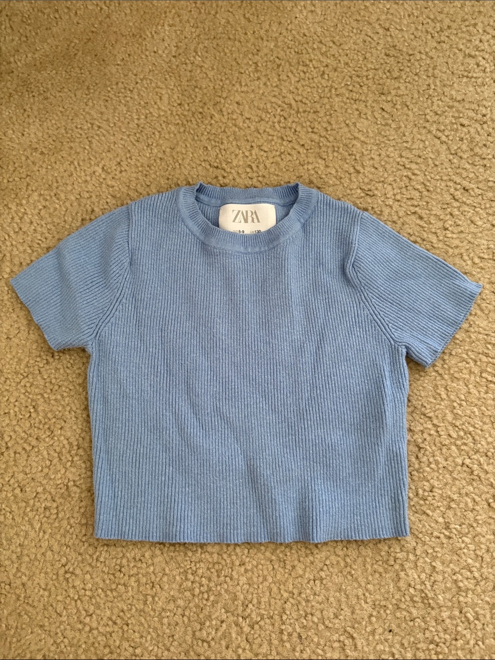 Zara Sky Blue Ribbed Short Sleeve Top